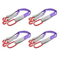 Two heavy duty polyester lifting slings with hooks in gray and purple.