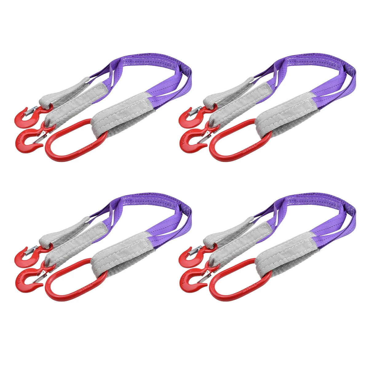 Two heavy duty polyester lifting slings with hooks in gray and purple.