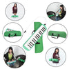 A 32-key melodica is shown with its green case, mouthpiece, and various usage contexts.