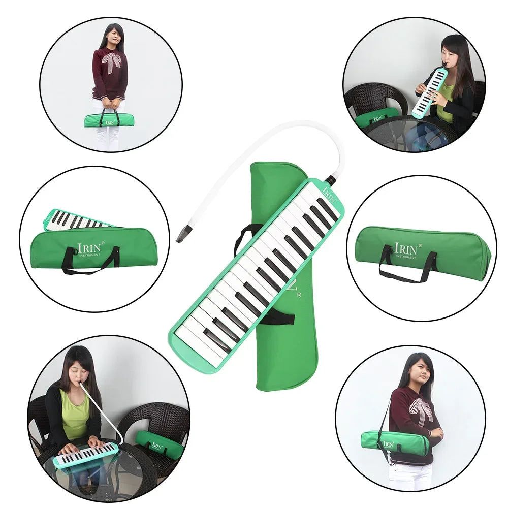 A 32-key melodica is shown with its green case, mouthpiece, and various usage contexts.
