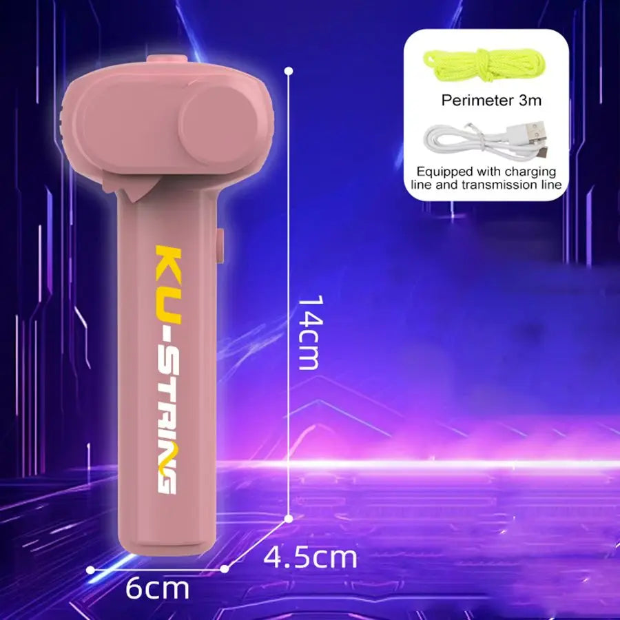 A pink string launcher toy with a yellow perimeter string and charging line shown against a futuristic blue background.