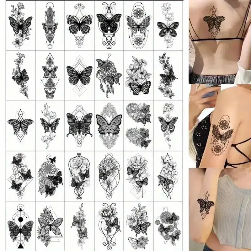 Colección de pegatinas temporales con diseños de luna, estrella, diablo y flor.