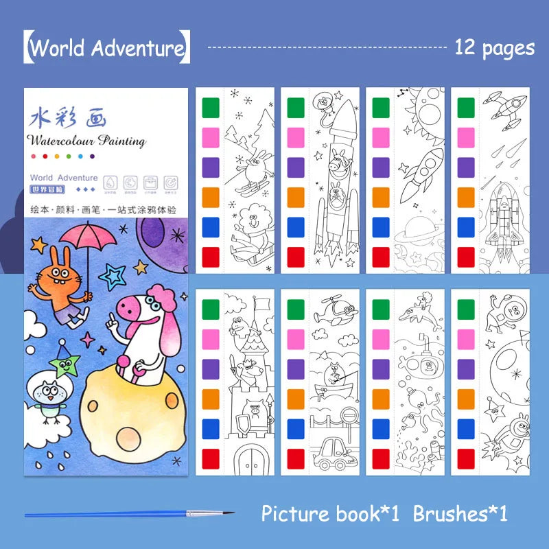 A picture book showing watercolor painting pages and brushes for kids