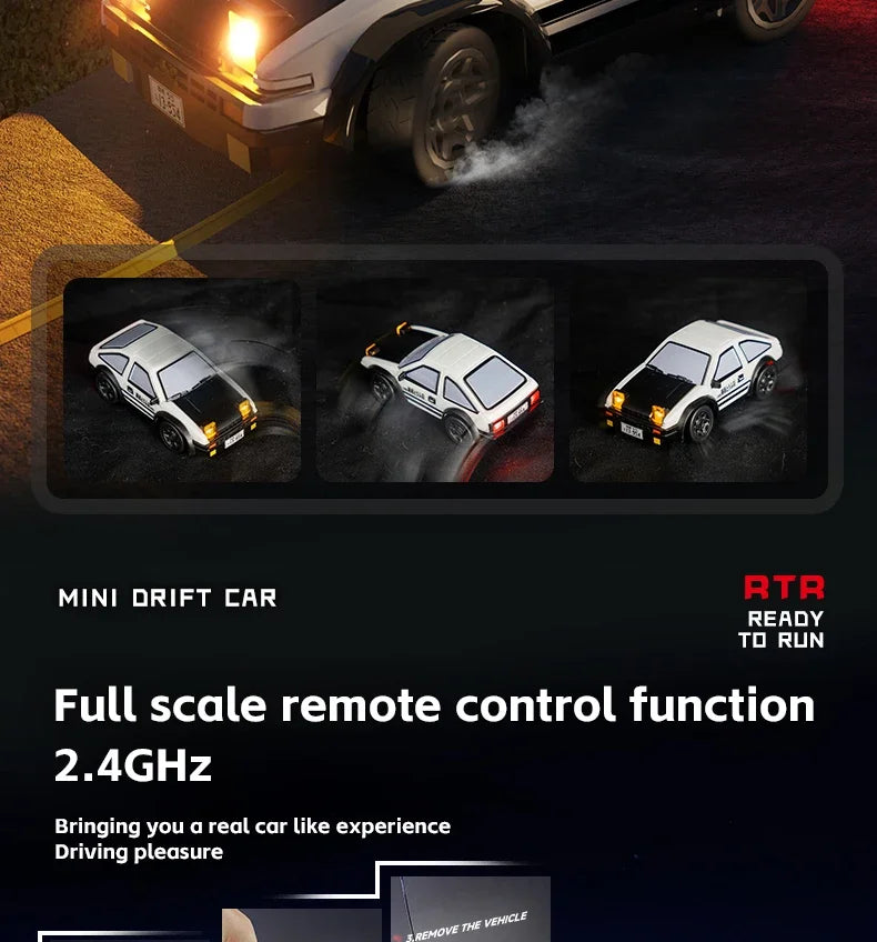 A black and white mini drift car is shown in action with smoke effects, demonstrating full scale remote control function.