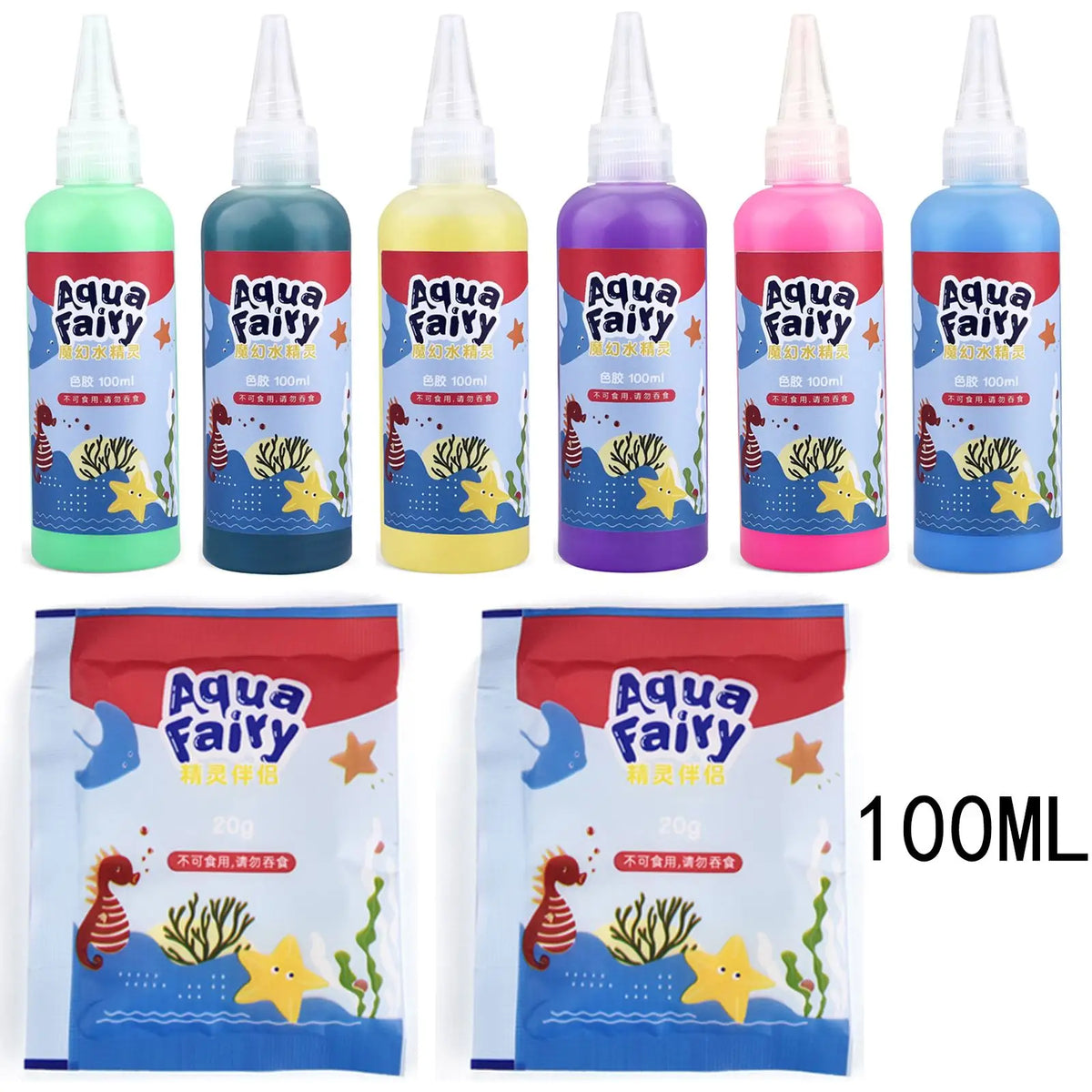 A collection of 100ml Aqua Fairy craft kits in various colors and packaging for DIY 3D water elf projects.