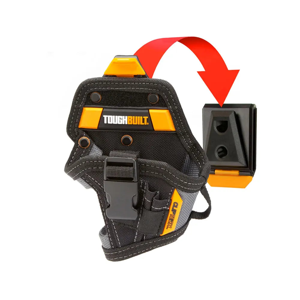 A black compact drill holster with an orange clip and a removable bit holder is shown.