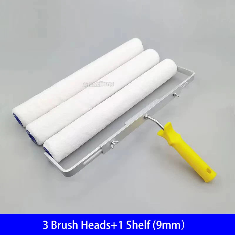 A set of three white paint brush heads and one shelf mounted on an aluminum alloy handle.
