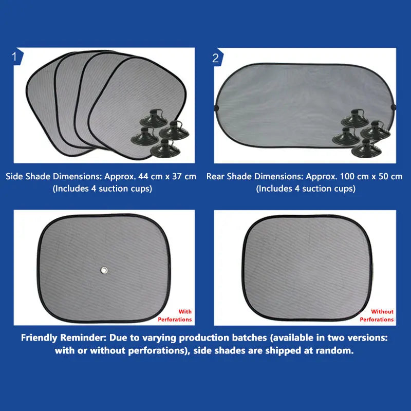 Set of foldable car sun visors including side and rear shades with or without perforations