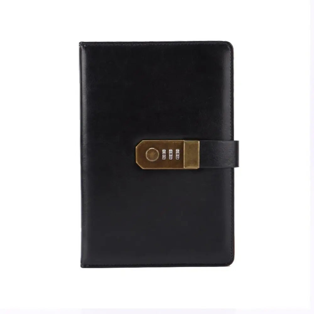 Black A5 password-locked diary with 200 pages and a brass closure.