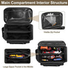 Interior view of a black heavy duty tool bag showing various compartments and zippered pockets