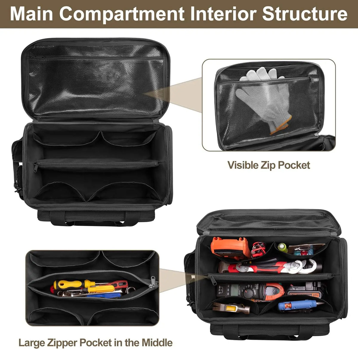 Interior view of a black heavy duty tool bag showing various compartments and zippered pockets