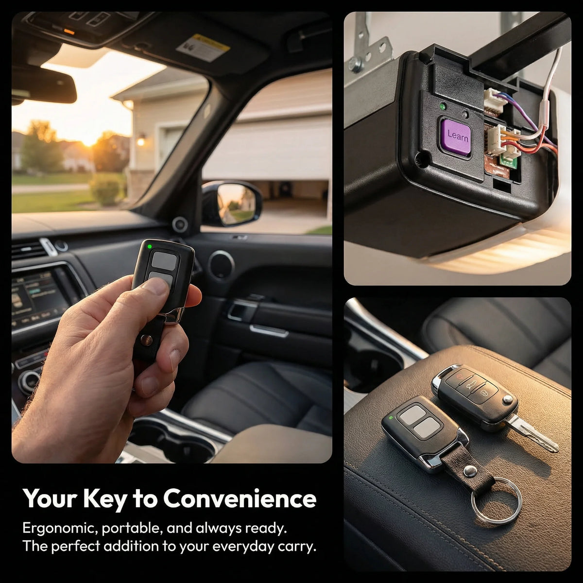A hand holds a universal keychain garage door remote for LiftMaster and Craftsman, showing its portable design.