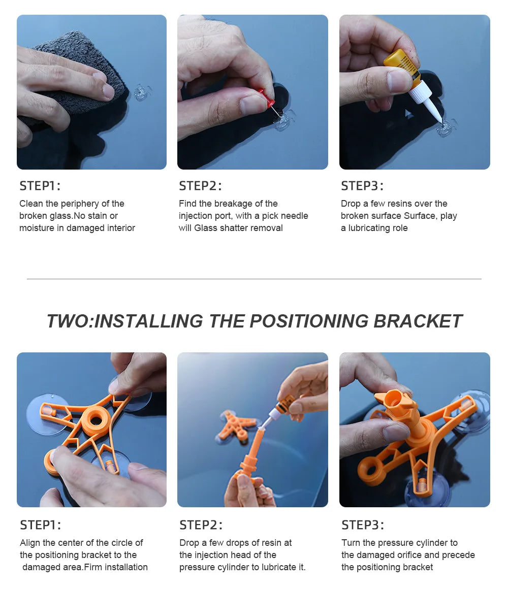Instructions for installing a positioning bracket and repairing broken glass with nano resin.