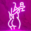 A glowing neon silhouette of a female figure in bright pink against a marbled purple background.