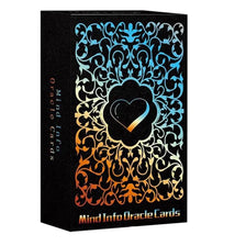 A black box of Mind Info Oracle Cards featuring intricate teal and orange floral designs.