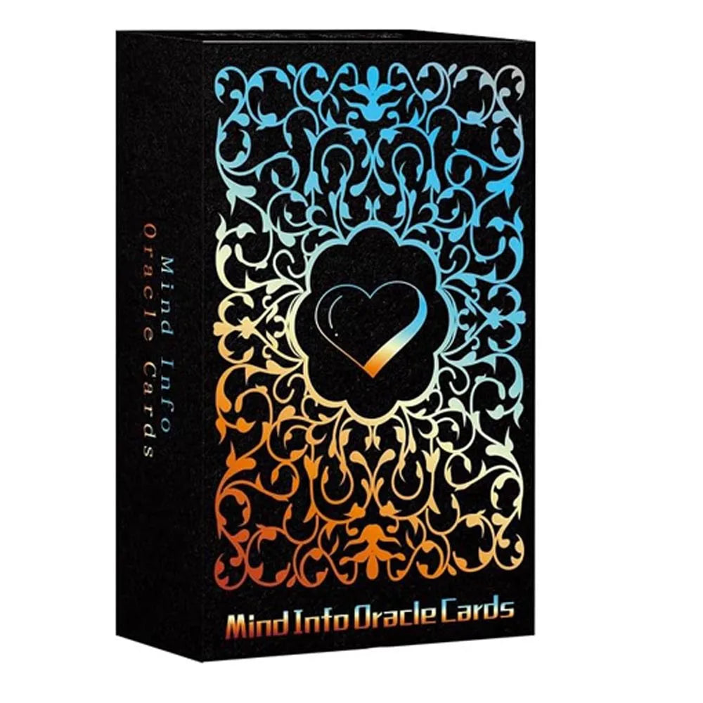 A black box of Mind Info Oracle Cards featuring intricate teal and orange floral designs.
