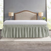 A light sage green elastic wrap-around bed skirt with ruffles displayed over a white bed frame.