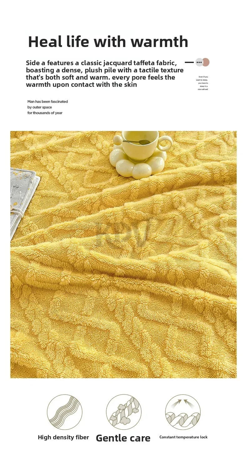 A yellow jacquard taffeta fabric blanket with a textured weave is displayed on a surface, emphasizing gentle care and tempera