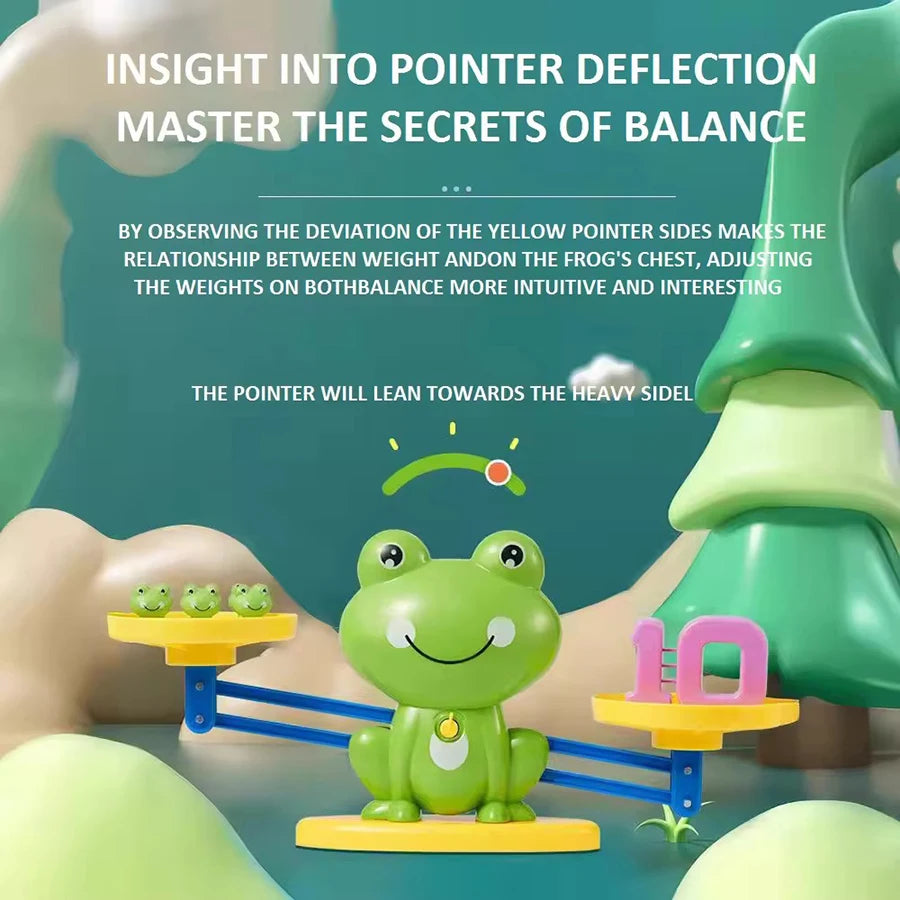 A green frog balance game toy demonstrating pointer deflection and weight distribution for learning.