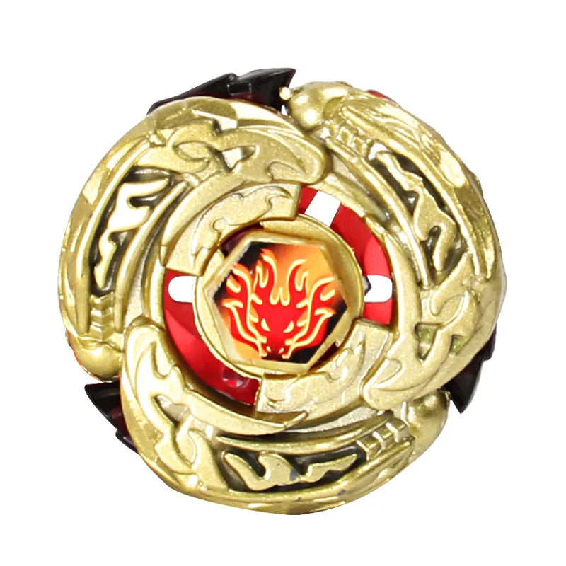 A gold and black alloy battle spinning top with an ornate, flower-like design.