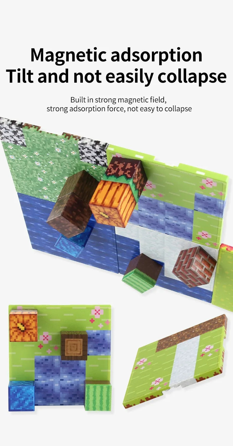 A set of magnetic building blocks showing various colored and textured pieces arranged on a green base plate.