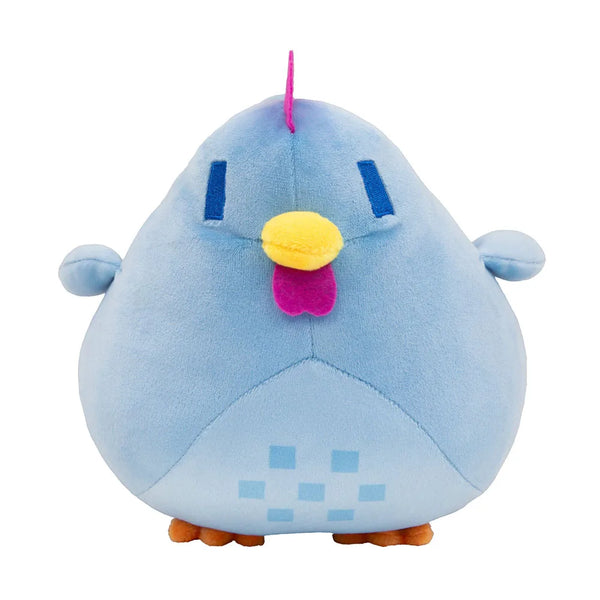 A light blue ultra-soft chicken plush toy with yellow beak and pink tuft on top.