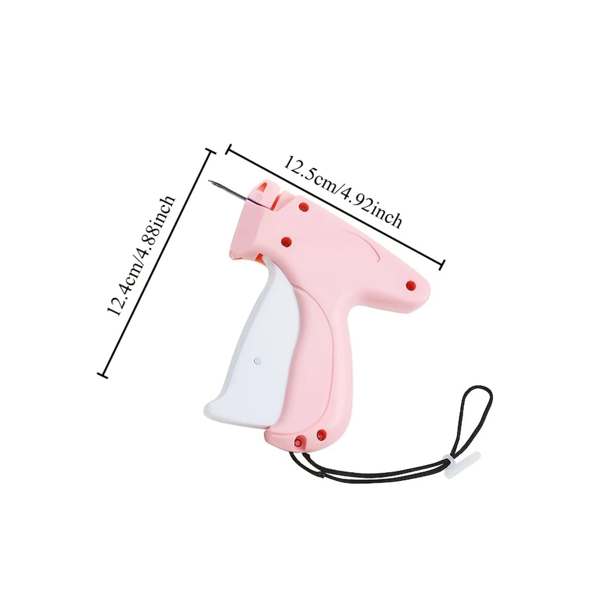 A pink mini sewing gun kit with needles and fasteners shown against a white background.
