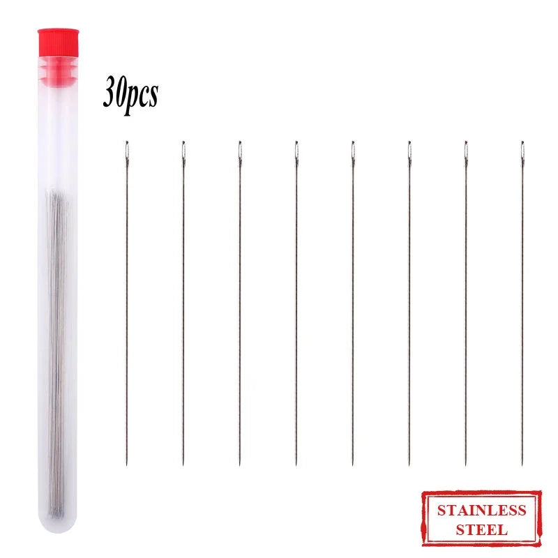 A set of 30 stainless steel beading needles packaged in a clear tube.