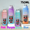 Three 750ml portable sports water bottles in pink, purple, and blue with leak-resistant lids displayed on a white surface.
