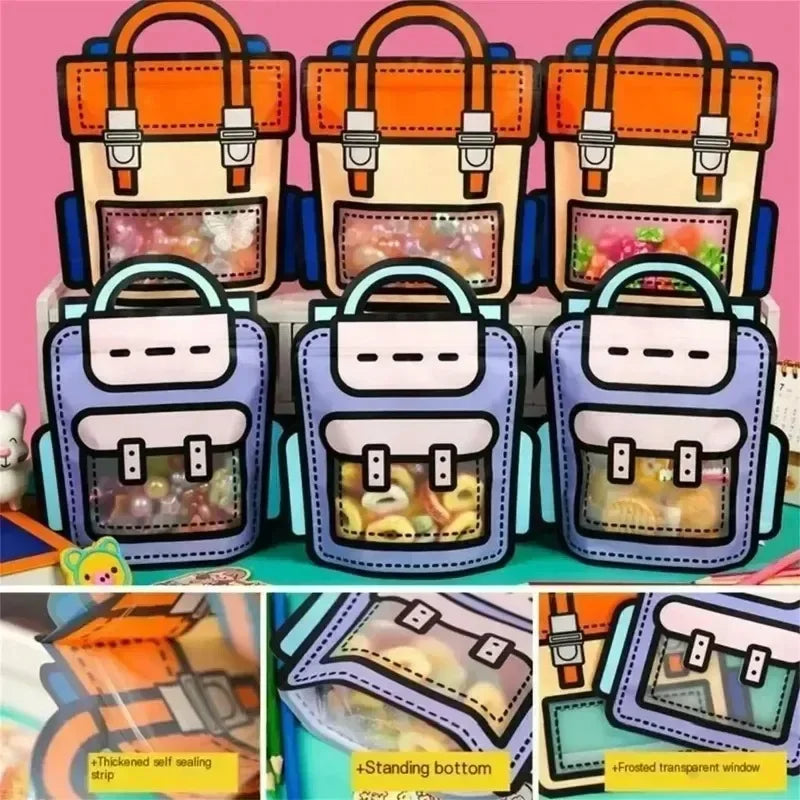 A display of cute cartoon backpack goodie bags for kids party favors in various colors and designs.