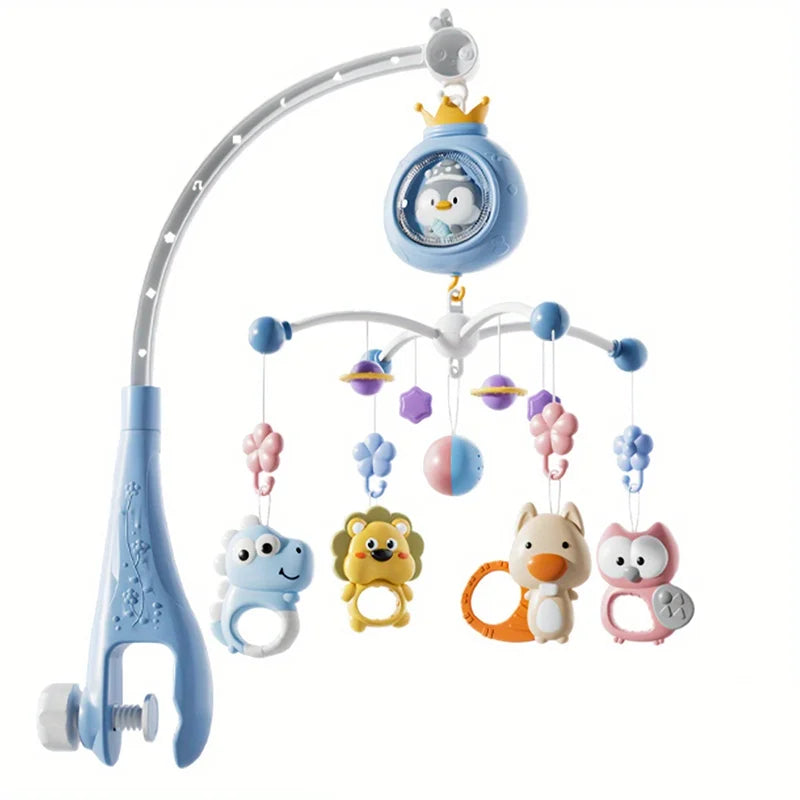 A light blue musical baby crib mobile featuring a owl design and various hanging toys.