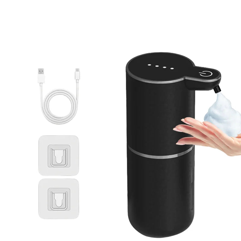 A black touchless automatic soap dispenser is shown with a hand dispensing soap.