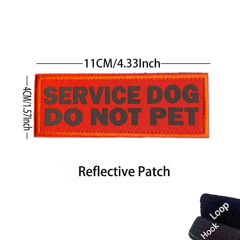 Orange reflective patch embroidered with black text that reads SERVICE DOG DO NOT PET