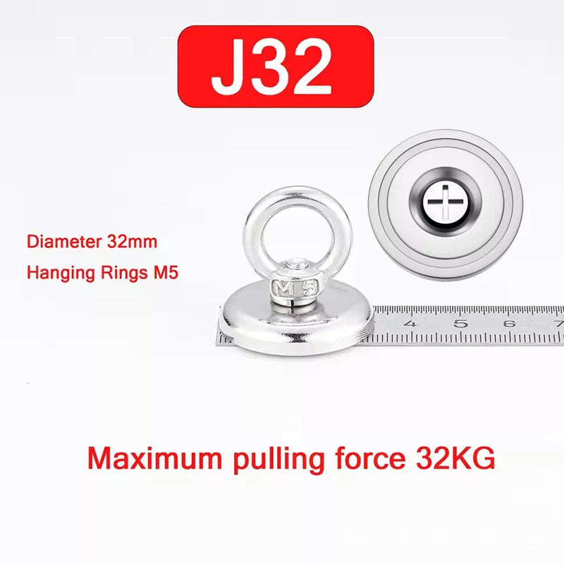 Silberner magnetischer Haken mit 32mm Durchmesser und M5-Aufhängungen, für eine Zugkraft von bis zu 32KG ausgelegt.