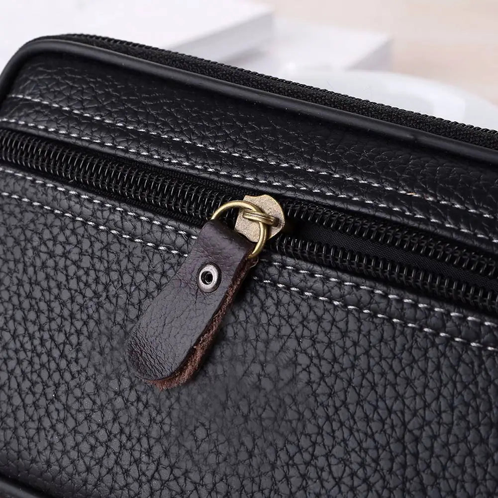 Black men's multi-function PU leather waist bag with a brown leather strap and gold hardware