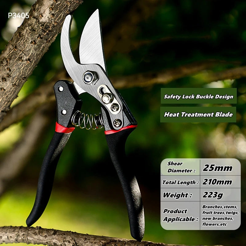 A pair of black precision pruning shears with a silver blade are shown gripping a tree branch.