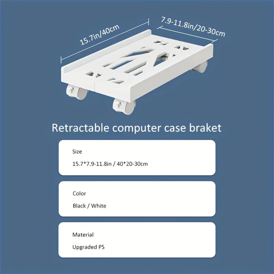 A white retractable computer case bracket with adjustable dimensions and wheels.