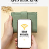 A hand holds a green leather RFID blocking bi-fold wallet, demonstrating its function to scan no data.