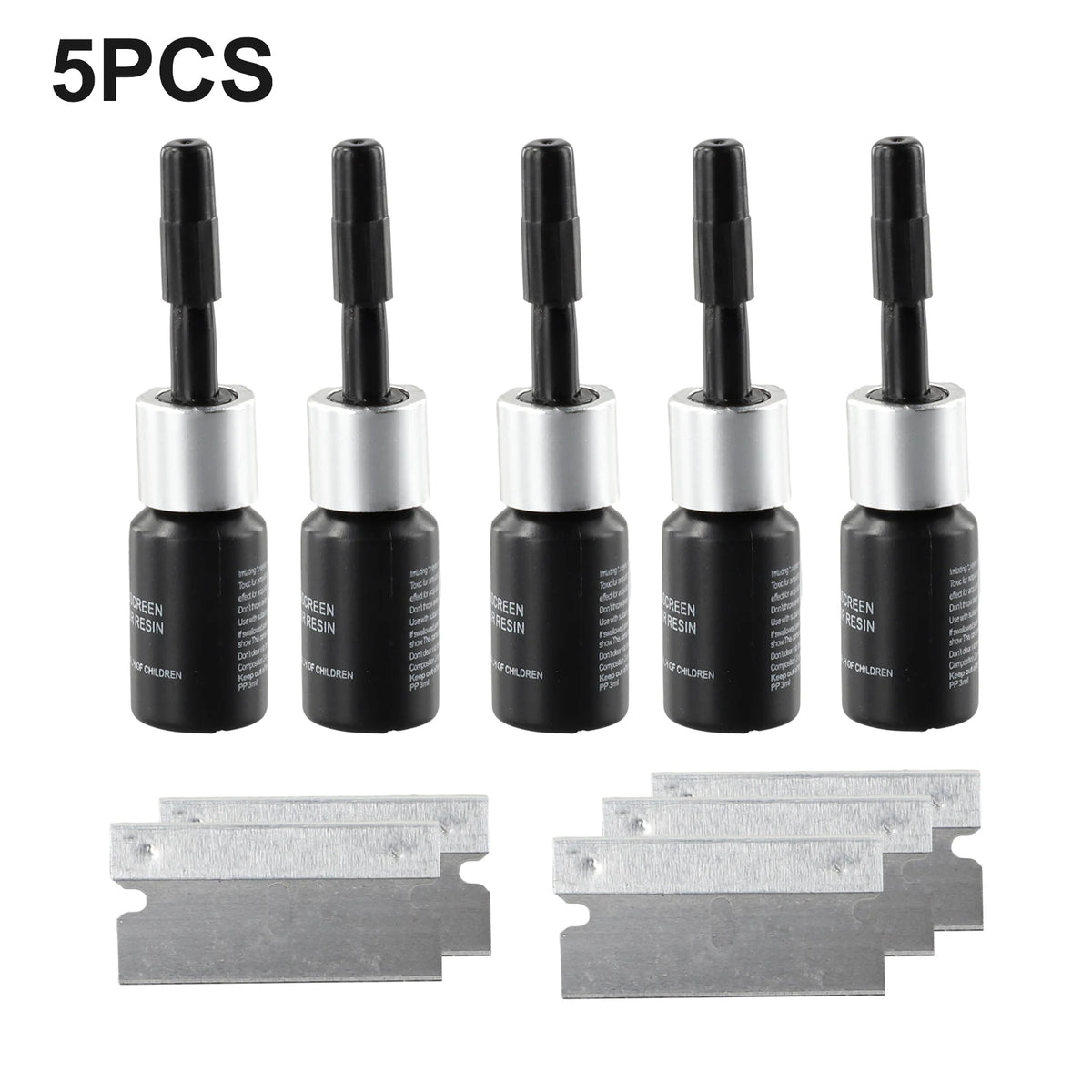 Five black and silver automotive windshield crack repair kits with metal inserts