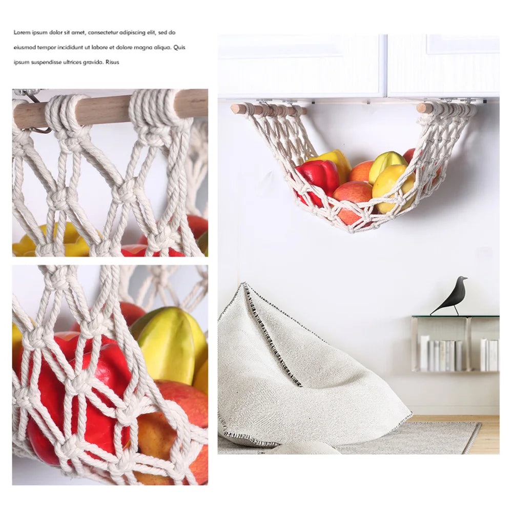Macrame hanging fruit hammock made of white rope used for kitchen storage