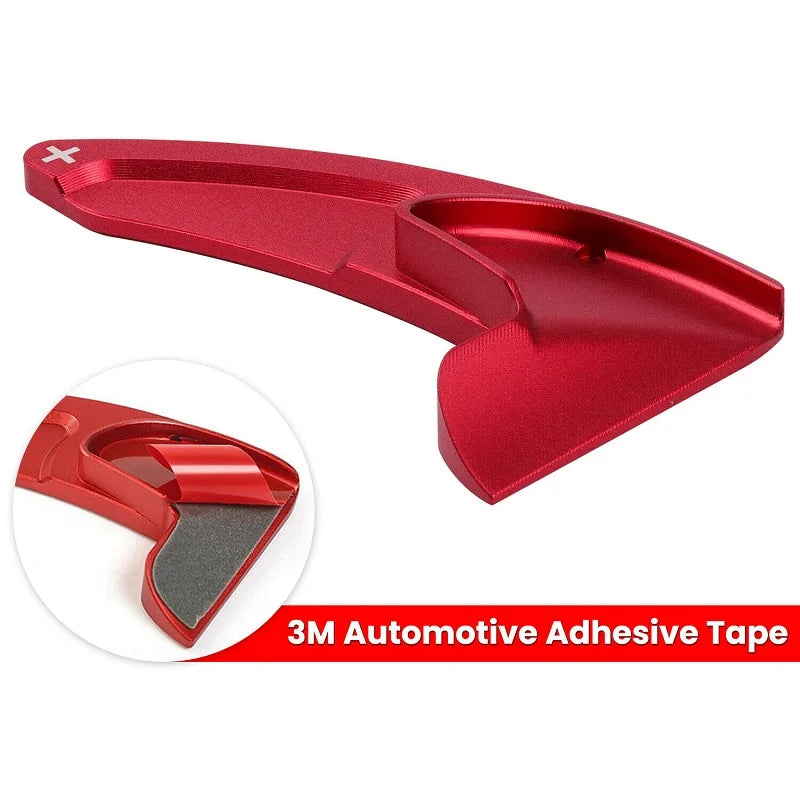 Red anodized aluminum shift paddle extenders with 3M automotive adhesive tape.