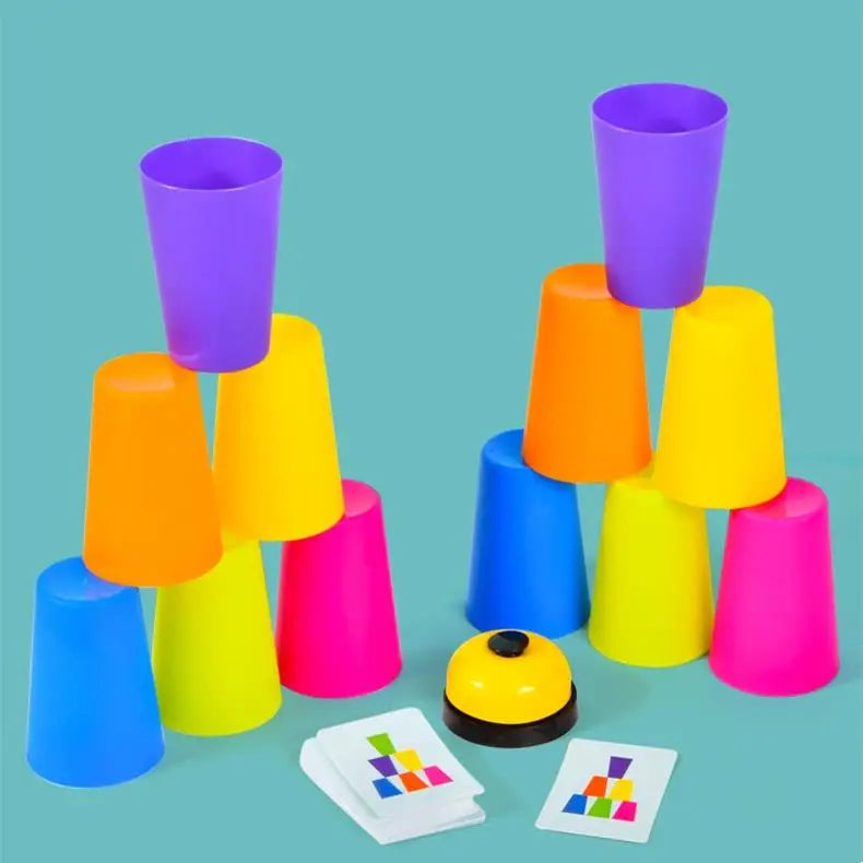 A colorful stacking cup set with various colored cups and activity cards for toddlers