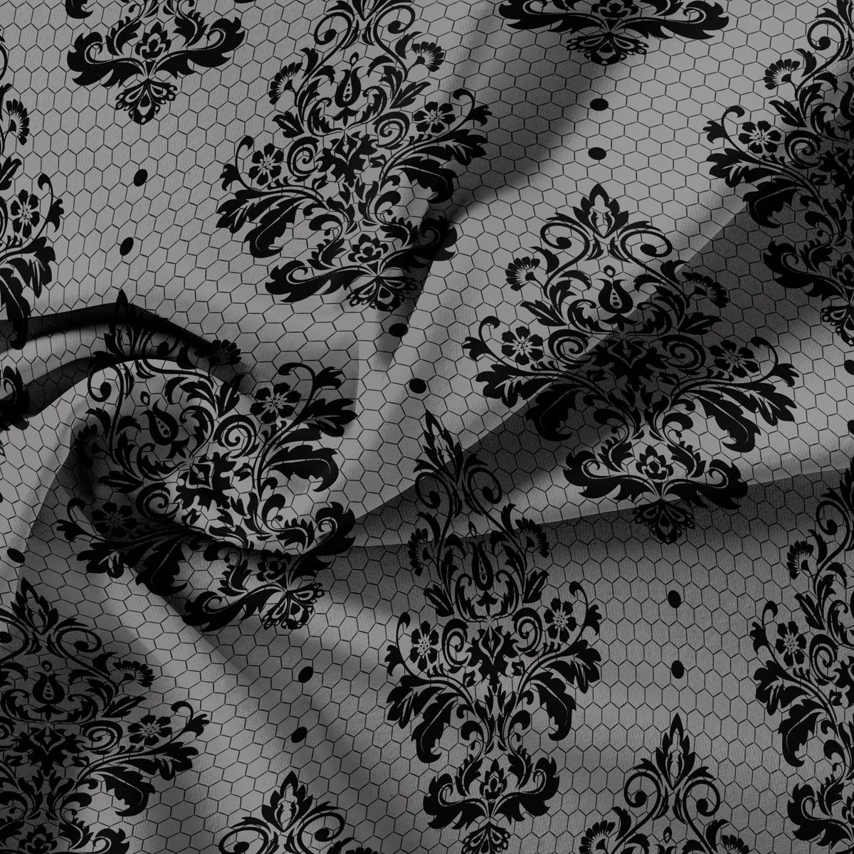 Gray and Black Damask Print Duvet Cover Set with Honeycomb Motif