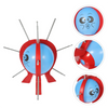 A red and blue balloon burst game with multiple prongs and facial expressions shown in various angles.