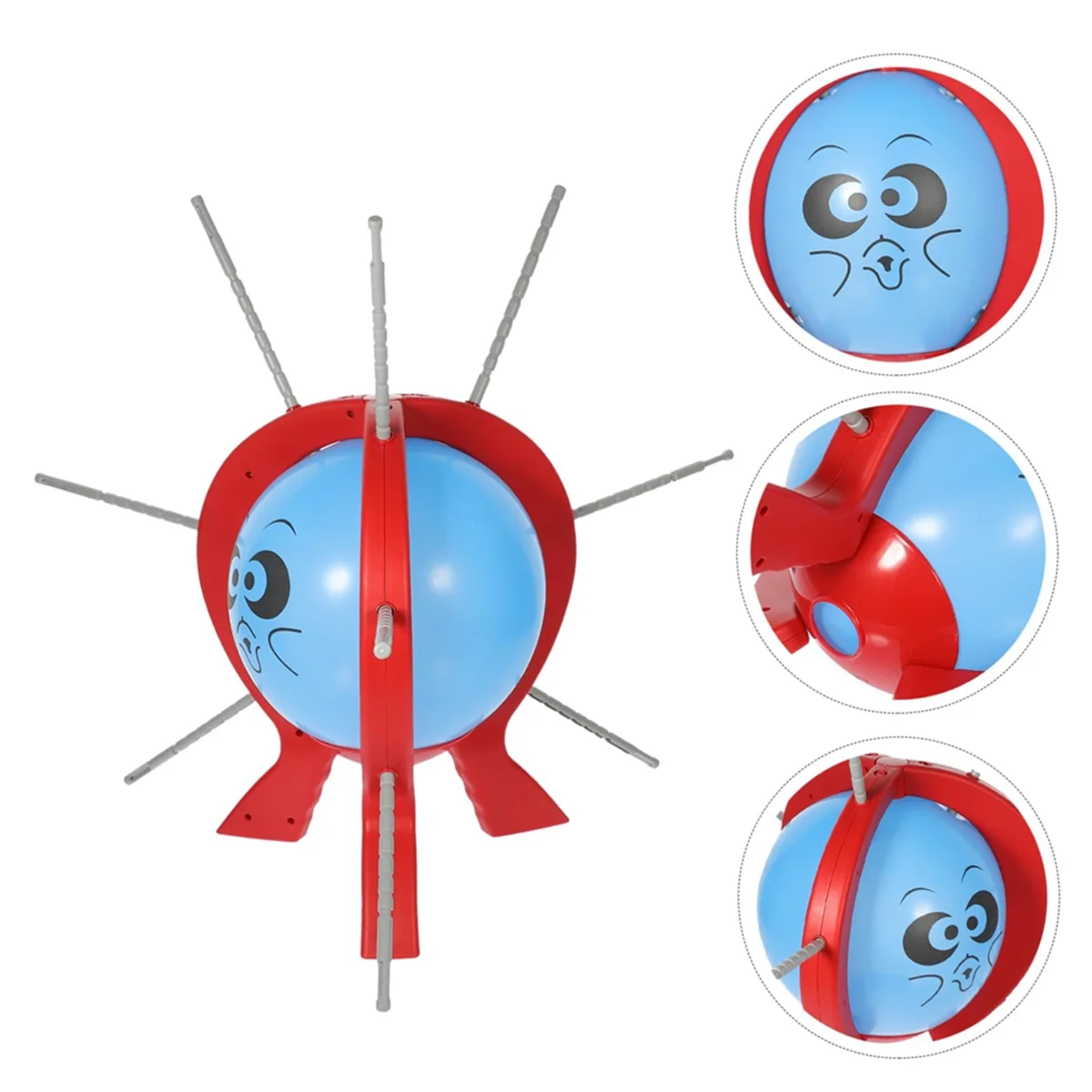 A red and blue balloon burst game with multiple prongs and facial expressions shown in various angles.