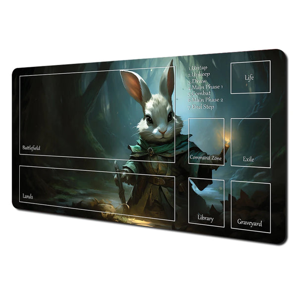 Fantasy-Spielmatte mit Hasen- und Waschbären-Design und verschiedenen gekennzeichneten Zonen.