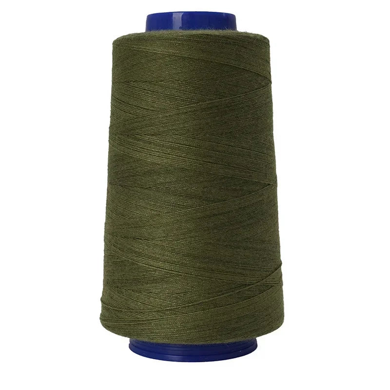 A spool of heavy-duty waterproof bonded polyester thread in olive green.