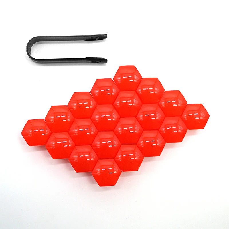 A collection of 20 red hexagonal car wheel nut cap covers and a black tool shown on a white background.