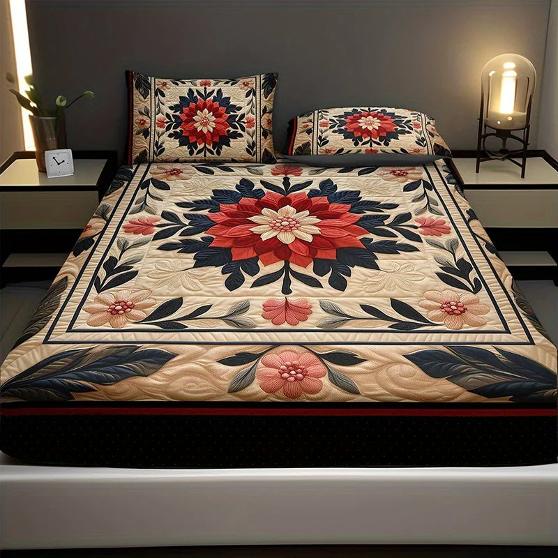 Floral gothic fitted sheet set with red and pink floral patterns on a bed