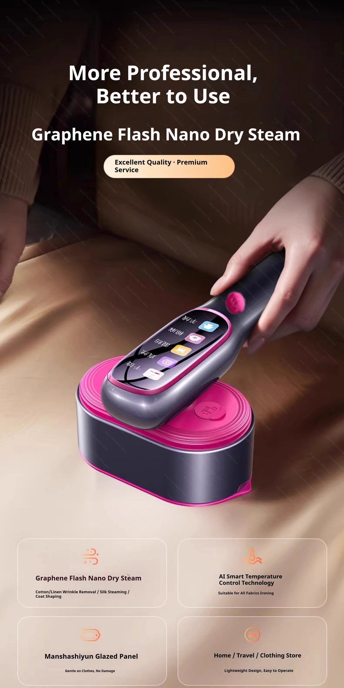 A hand is holding a purple graphene flash nano dry steam iron, demonstrating its professional quality and features.